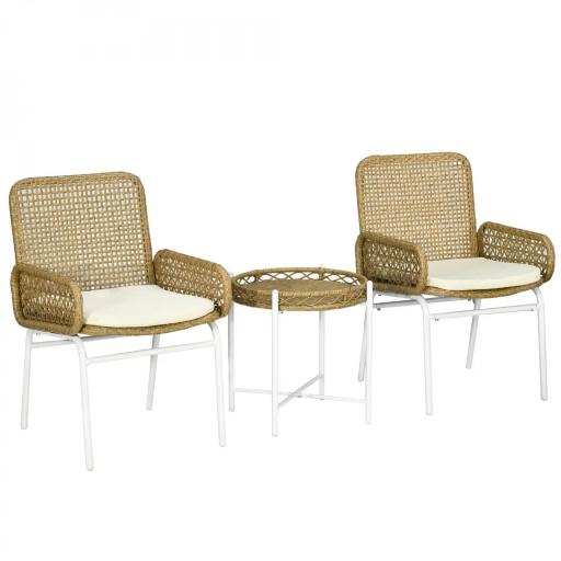 Juego de 3 Piezas Sillas y Mesa de Ratán con 2 Sillas 1 Mesa de Centro y Cojines para Terraza Patio Natural [8]