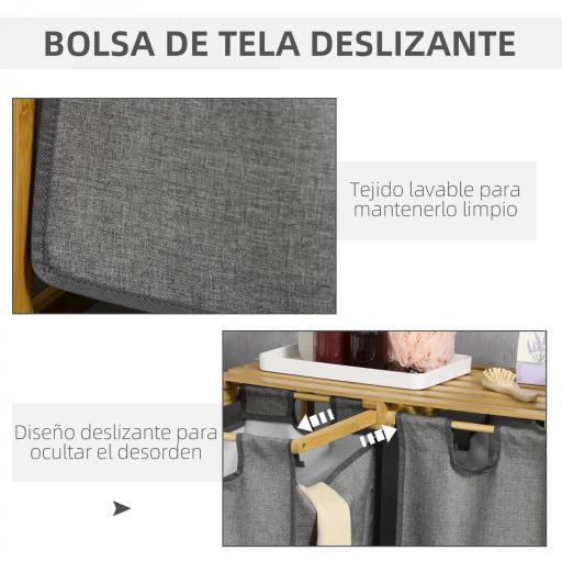 Cesto de Ropa Sucia de Bambú Cesto para la Colada con 2 Bolsas Extraíbles y Estante para Baño 63,5x33x73 cm Natural y Gris [7]