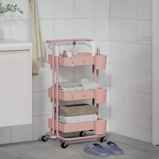 Carrito Auxiliar con Ruedas Carro de Almacenaje Multifuncional con Ganchos y Cajas Colgantes 42x38x86,5 cm Rosa [7]