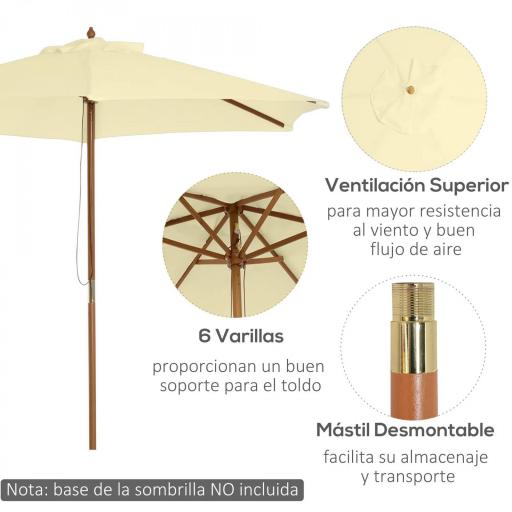 Sombrilla Parasol de Madera 250x230 cm para Exterior con 6 Varillas Sistema de Polea Color Crema [2]