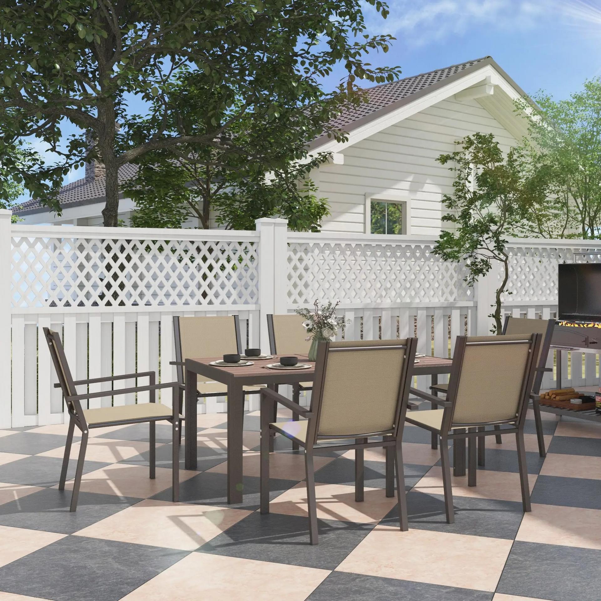 Conjunto de Mesa y 6 Sillas de Jardín con Sillas Apilables y Marco de Acero para Terraza Patio Caqui y Marrón