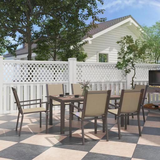 Conjunto de Mesa y 6 Sillas de Jardín con Sillas Apilables y Marco de Acero para Terraza Patio Caqui y Marrón