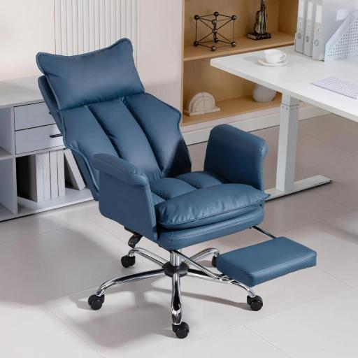 Silla de Escritorio con Reposapiés Respaldo Reclinable Alto Acolchado Grueso Tapizada en Cuero Sintético Ruedas Azul
