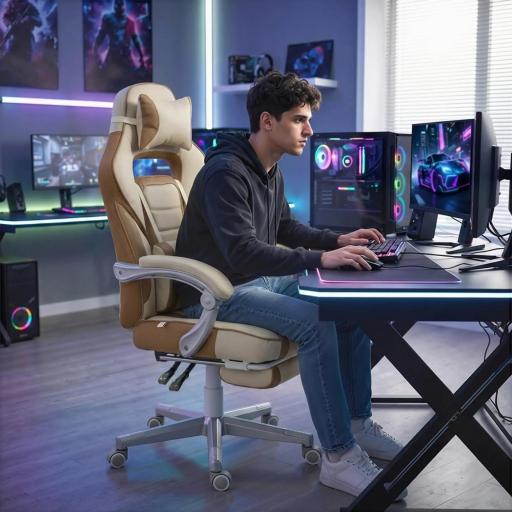 Silla Gamer Reclinable con Altura Ajustable Reposapiés Retráctil Soporte Lumbar y Reposacabezas Desmontable Crema [7]