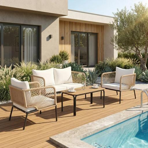 Conjunto Jardín Exterior de 4 Piezas con Sofá 2 Sillones y Mesa WPC Ratán PE Tipo Cuerda Cojines Acolchados Blanco [2]