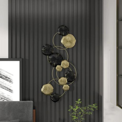 Decoración de Pared de Metal con Forma de Hoja de Loto Escultura de Pared para Decoración Hogar 84x35 cm Dorado y Negro [6]