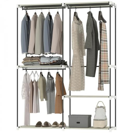 Armario de Ropa Armario Abierto con 4 Estantes de Tela 3 Barras para Colgar Marco de Metal 142x43x185 cm Crema [1]