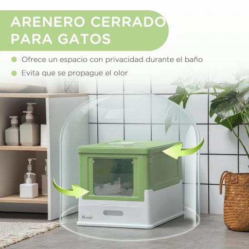 Arenero Cubierto para Gatos Desmontable con Entrada Frontal y Salida Superior 47,5x35,5x36,7 cm Verde Aguacate y Blanco [4]
