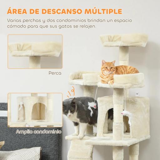 Árbol Rascador para Gatos Árbol para Gatos 153 cm con 2 Cuevas 3 Camas 2 Rampas Postes de Sisal Ratones Colgantes Crema [3]