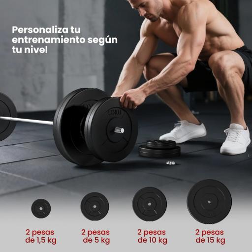 Barra de Pesas Ajustables 70 kg con 8 Discos 1,5kg 5kg 10kg 15kg y 1 Barra en Hogar Gimnasio 170x40,5x40,5 cm Negro [3]