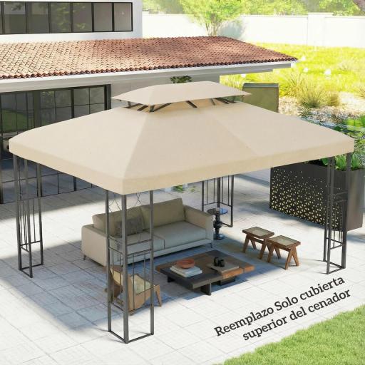 Toldo de Recambio 4x3 m con Techo Doble Orificios de Drenaje y Protección UV Solo Toldo NO Incluye Marco Blanco Crema [1]