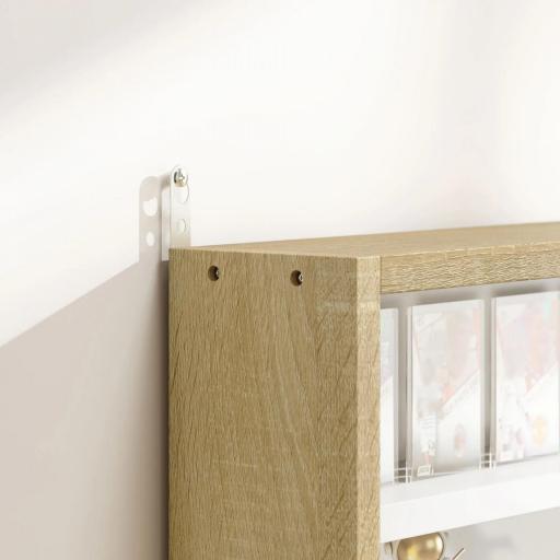 Vitrina de Pared de Madera con Estantes Ajustables y 2 Puertas Correderas de Cristal 80x9,5x60 cm Blanco y Natural [7]