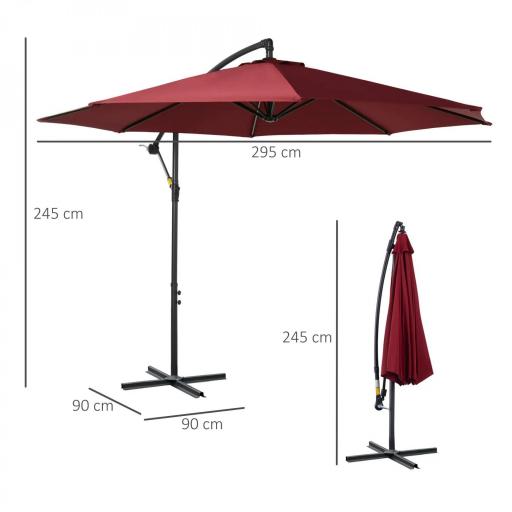 Sombrilla de Jardín Ø295 cm Parasol Excéntrico Inclinable con Manivela Base Cruzada y Soporte de Acero Granate [1]