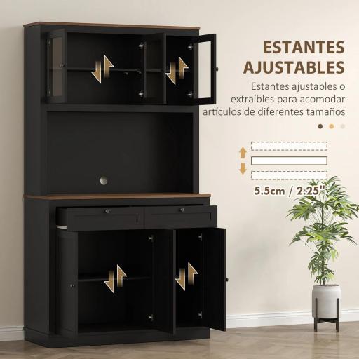 Alacena de Cocina con 3 Puertas de Vidrio Compartimento Abierto 2 Cajones y Estantes Ajustables 100x40x180 cm Negro [4]