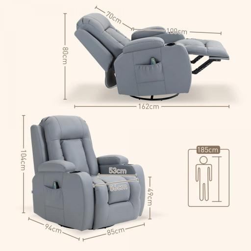 Sillón de Masaje Reclinable con 8 Puntos de Masaje Función de Calefacción Giratorio Mando a Distancia 85x94x104 cm Gris [1]