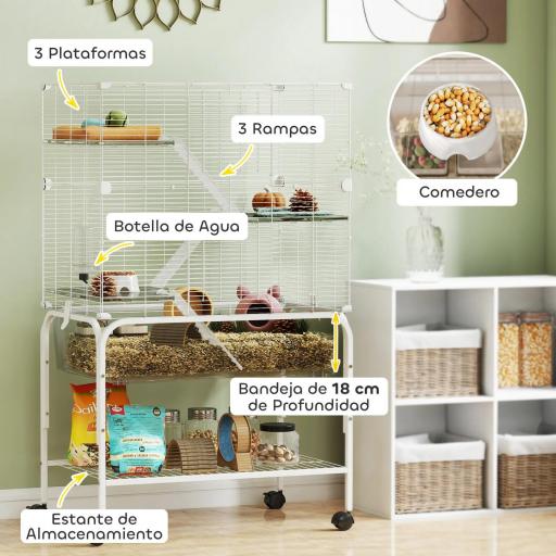 Jaula para Animales Pequeños de 4 Niveles con Ruedas Bandeja Profunda Rampas Plataformas y Comedero 73x47x123 cm Blanco [5]