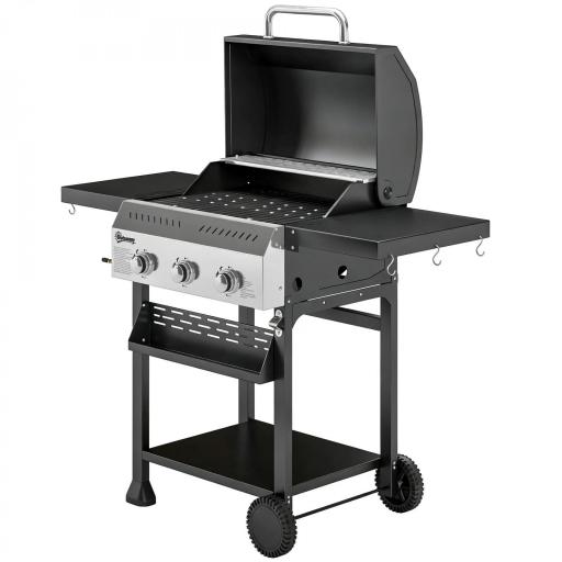 Barbacoa de Gas con 3 Quemadores Termómetro Parrilla Mesas Laterales Plegables Estante y Ruedas 123x57x102 cm Negro [9]