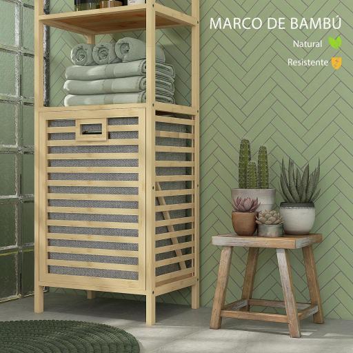 Estantería de Almacenaje Mueble de Baño con 3 Estantes y 1 Cesto para Ropa Sucia Desmontable 44x33x160 cm Natural [6]