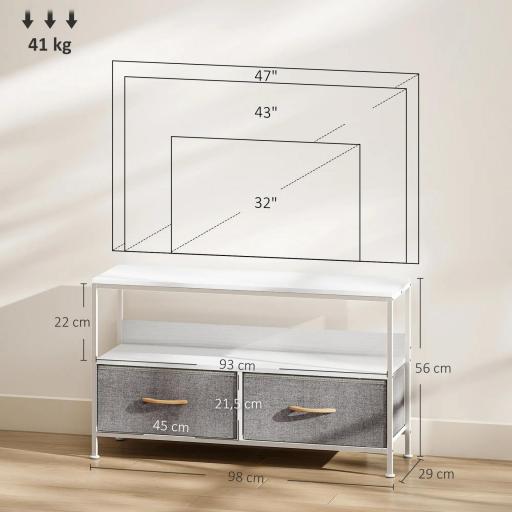 Mueble de TV con Estante y 2 Cajones de Tela Plegables para Televisores hasta 47 Pulgadas Largo de 98 cm Blanco y Gris [5]