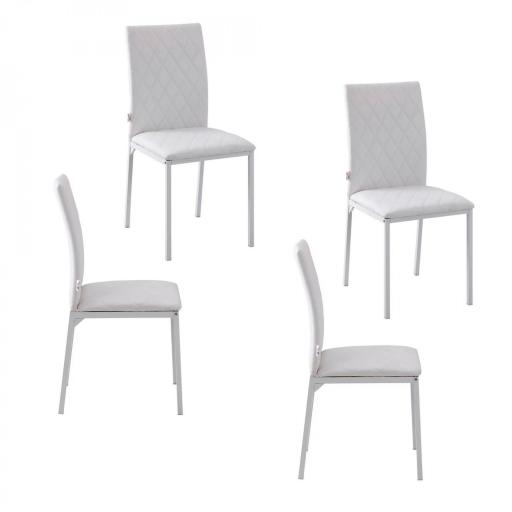 Pack de 4 Sillas de Comedor, Sillas de Cocinas Modernas, Respaldo Alto con Costuras Decorativas de Diamantes, Tapizadas en Cuero Sintético, Patas de Acero, Blanco [9]