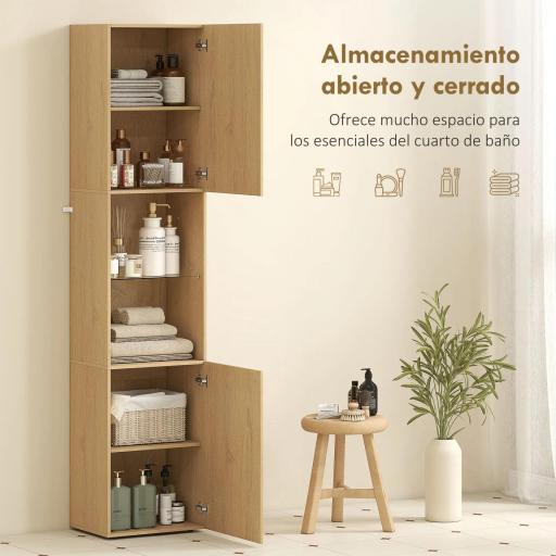 Armario de Baño Alto de 6 Niveles con 2 Puertas Estante de Vidrio Templado Estantes Ajustables 40x31x182 cm Roble [4]