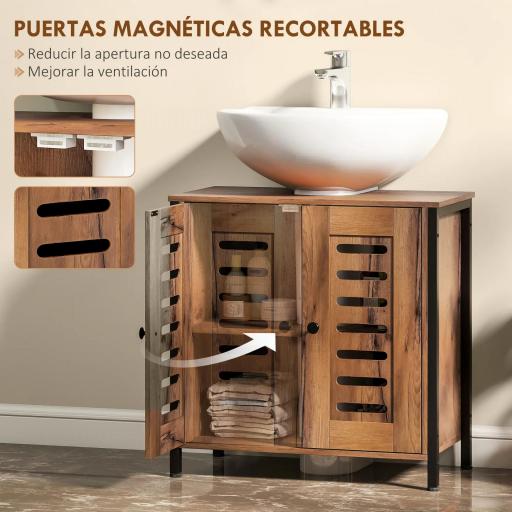 Mueble Bajo Lavabo Industrial 2 Puertas de Lamas con Cierre Magnético Estante Ajustable 60x30x60 cm Marrón Rústico [7]