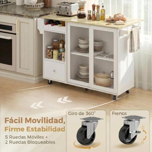 Isla de Cocina con Encimera Abatible Ruedas Puertas Correderas de Vidrio Botellero Cajón Especiero Estante Ajustable [6]
