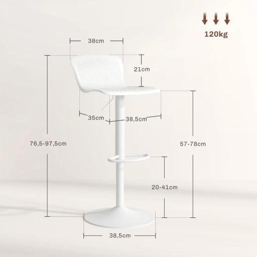 Conjunto de 2 Taburetes Altos de Cocina Giratorios con Respaldo y Altura Ajustable Carga 120 kg para Bar Salón Blanco [1]