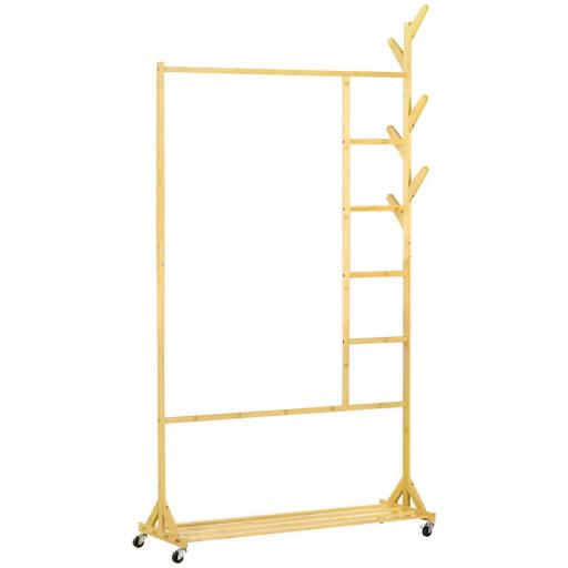 Perchero de Pie de Madera de Bambú con Ruedas Colgador Multifuncional con 6 Ganchos Barra y Estante 100x37x191 cm Natural [8]