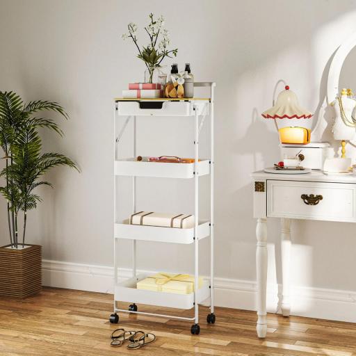 Carrito Auxiliar con Ruedas de 4 Niveles con Cajón Encimera y Cestas de Rejilla para Dormitorio Baño Cocina Blanco [4]