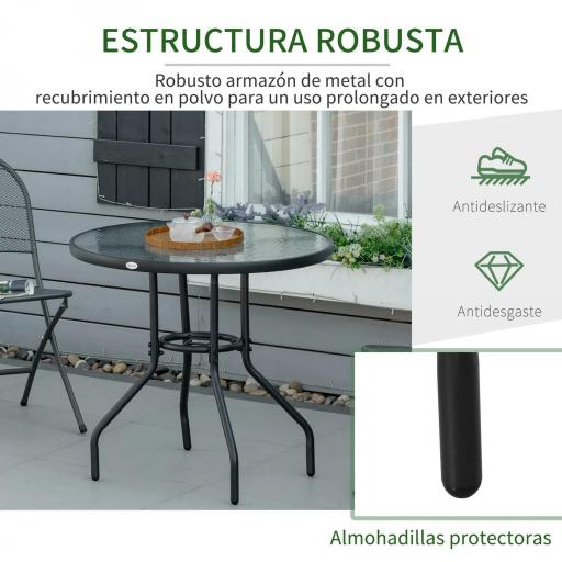 Mesa de Exterior Ø80x72 cm con Agujero para Sombrilla y Encimera de Vidrio Templado para Patio Terraza Negro [5]