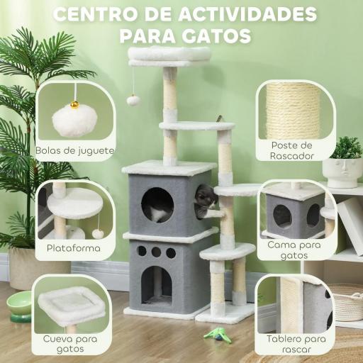 Rascador para Gatos 126 cm Torre para Gatos con Nidos Plataformas Bolas Colgantes y Postes de Sisal Crema [2]