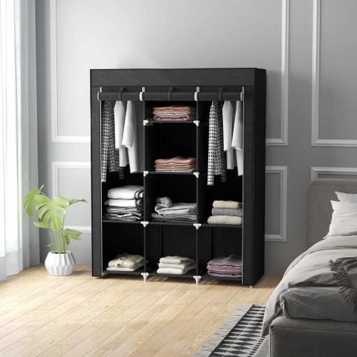 Armario de Tela Plegable Ropero Portátil con 8 Estantes y 2 Barras de Colgar para Dormitorio 125x43x162,5 cm Negro [4]