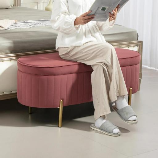 Banco para Pie de Cama con Almacenaje Tapizado en Terciopelo Patas Doradas y Diseño Elegante Ovalado 108x44x43,5cm Rosa [6]