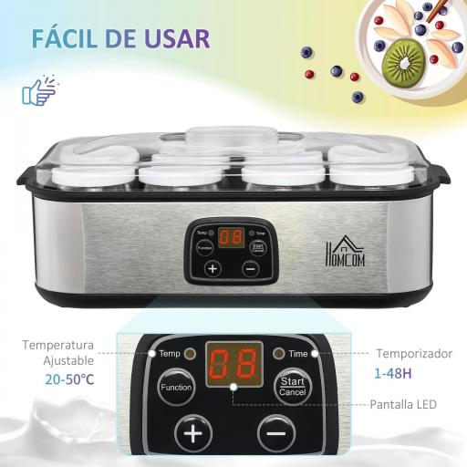 Yogurtera 30W Capacidad 1,44L con 8 Tarros de Cristal de 180 ml Termostato Ajustable Temporizador de 1-48 Horas y Apagado Automático 36x18,8x14 cm Plata [7]