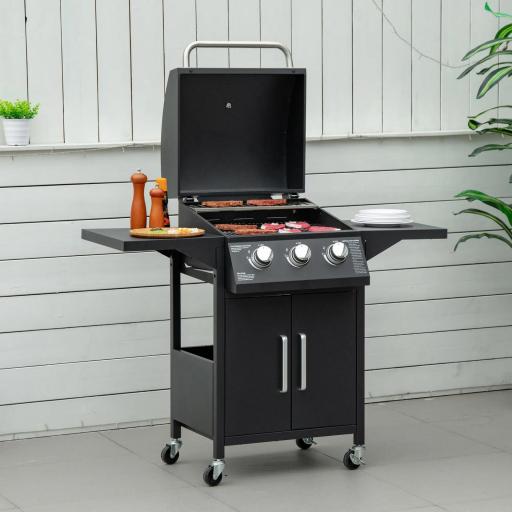 Barbacoa de Gas con 3 Quemadores 8,7 KW con 2 Mesas Laterales Armario de 2 Puertas 4 Ruedas y Frenos 121x55x109 cm Negro