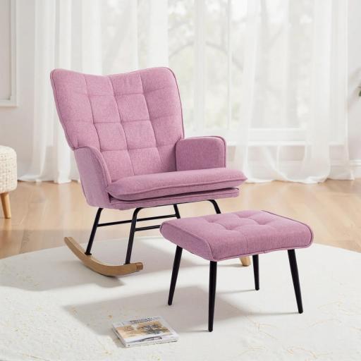 Silla Mecedora con Reposapiés con Cojín Acolchado Reposabrazos Respaldo Alto Patas de Madera Carga 130 kg Rosa [5]