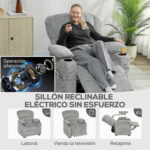 Sillón Relax Reclinable Eléctrico Silencioso con Función Memoria Reposapiés Mando a Distancia Bolsillo Lateral Gris [4]