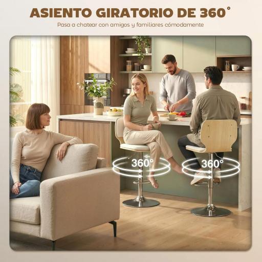 Juego de 2 Taburetes Altos de Cocina Giratorios en 360° Regulables en Altura de 81-102 cm Tapizados en Lino Beige [6]