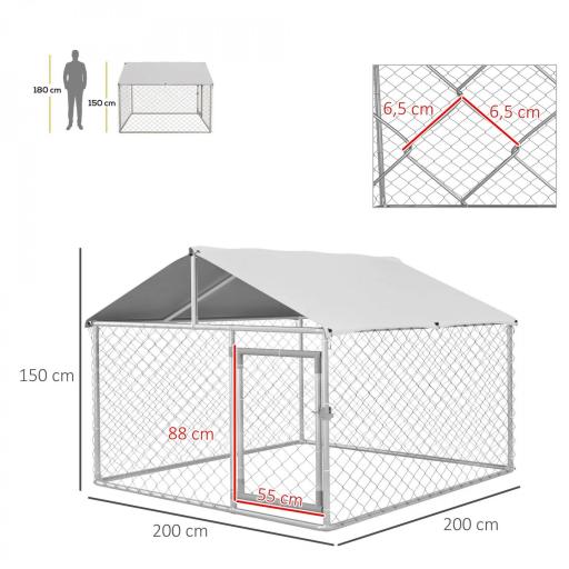 Jaula de Exterior para Perros Medianos con Cerradura Marco de Acero Toldo Impermeable y Anti-UV 200x200x150 cm Plata [1]