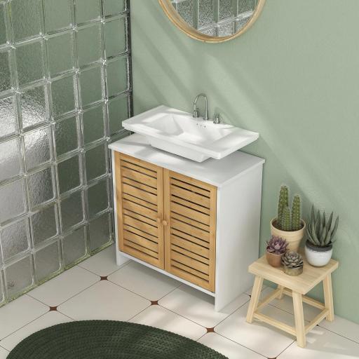 Mueble para Debajo del Lavabo Moderno con Puertas Magnéticas de Bambú y Estante Ajustable 60x30x60 cm Blanco y Natural [3]