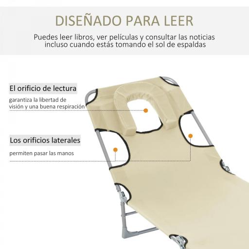 Tumbona Reclinable y Plegable de Jardín con Orificio de Lectura Reposacabezas y Respaldo Ajustable en 5 Niveles para Playa 182x56x28 cm Beige [5]