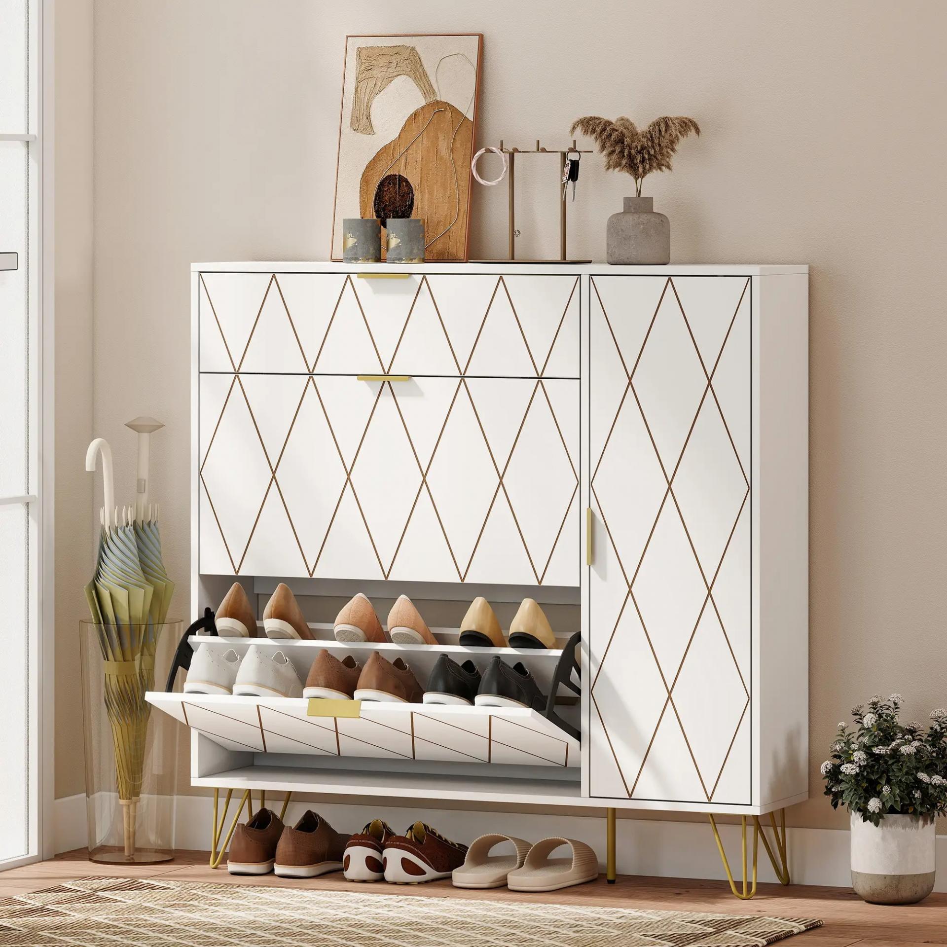 Mueble Zapatero Moderno con 2 Cajones Abatibles Armario y Estantes Ajustables para 10-14 Pares de Zapatos Blanco
