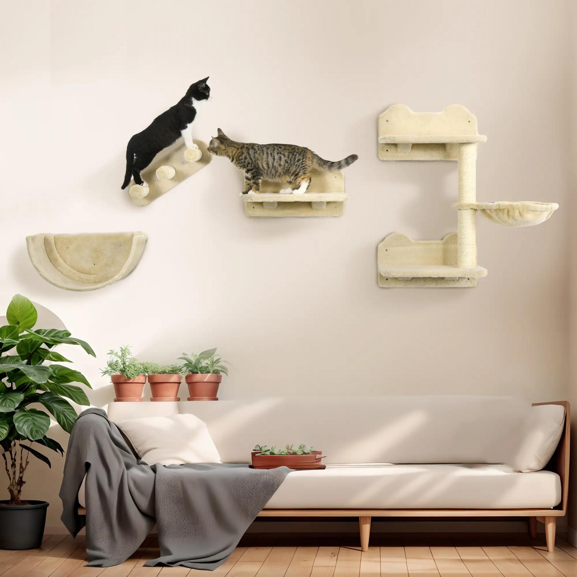 Juego de Escalada para Gatos de Pared Estantes para Gatos 4 Piezas Hamaca Nido Plataformas para Saltar Beige
