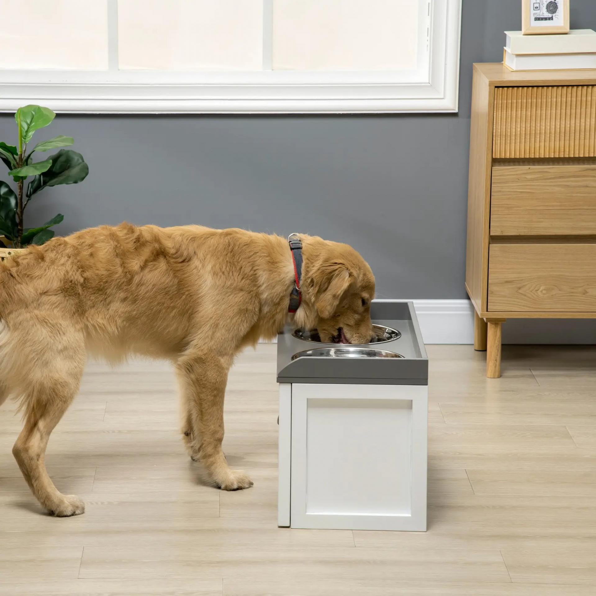 Comedero Elevado para Perros Grandes con 2 Cuencos de 2000 ml de Acero Inoxidable y 1 Cajón 63x30x36 cm Blanco