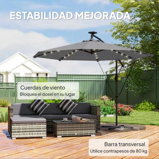 Parasol Excéntrico con Luces LED Solares 330x295 cm Sombrilla con Base Cruzada Manivela Funda Protectora Gris Oscuro [6]