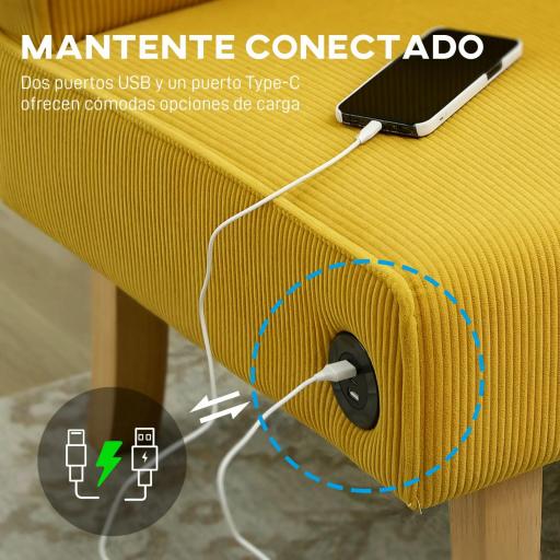 Sofá de 2 Plazas Tapizado en Pana con 2 Puertos USB 1 Puerto Tipo-C y Patas de Madera Carga 240 kg 110x60x85 cm Amarillo [6]