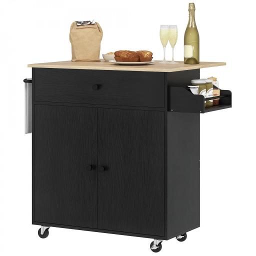 Isla de Cocina con Ala Abatible 2 Puertas Cajón Especiero Toallero y Estante Ajustable 106x42x87 cm Negro y Roble [8]