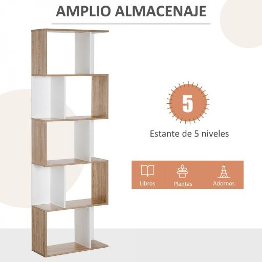 Estantería en Forma de S Alta con 5 Estantes Diseño Moderno para Salón Oficina 60x24x184,5cm Blanco y Madera [2]