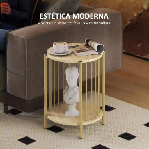 Mesa Auxiliar Redonda de 2 Niveles con Estante de Almacenaje y Marco de Acero para Salón Dormitorio Ø41x49 cm Natural [7]